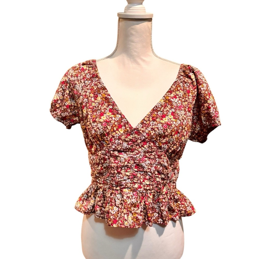 Sim & Sam Brown Floral Ruched Peplum‎ Top Open Back Tie Short Sleeve Size XL